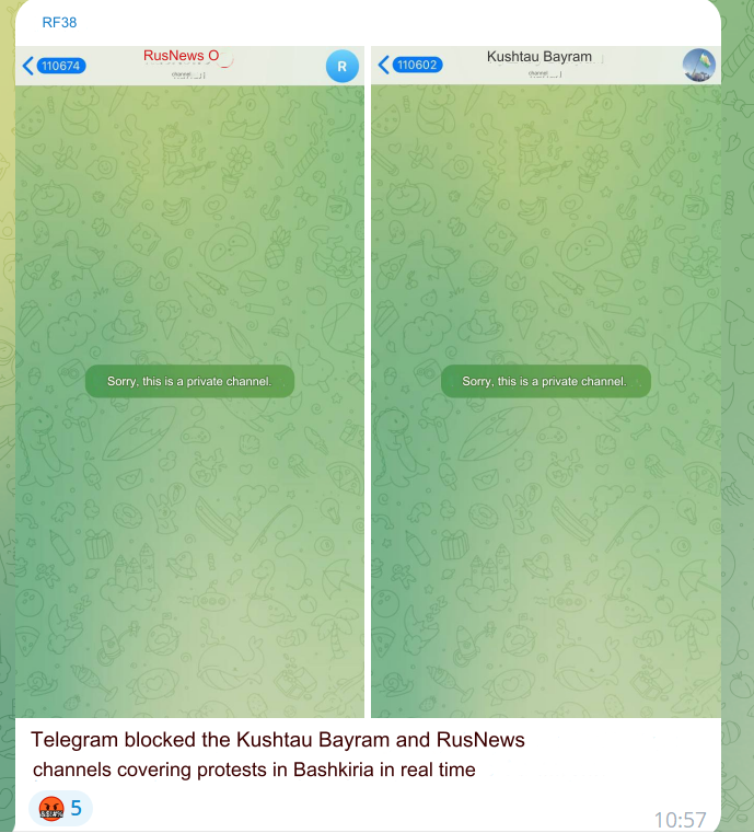 Protests continue in the republic of Bashkiria (Bashkortostan) and authorities continue censorship. Two popular Telegram channels covering the protests in real time have been blocked