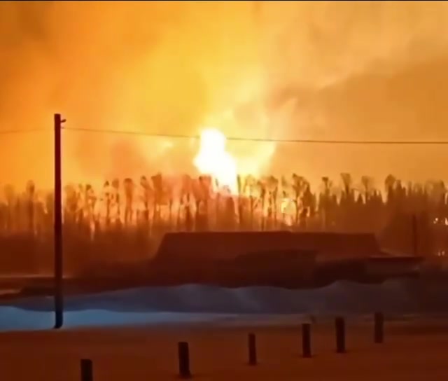Freight train with fuel caught fire after suspected explosion at natural gas pipeline at Kueda village of Perm region 
