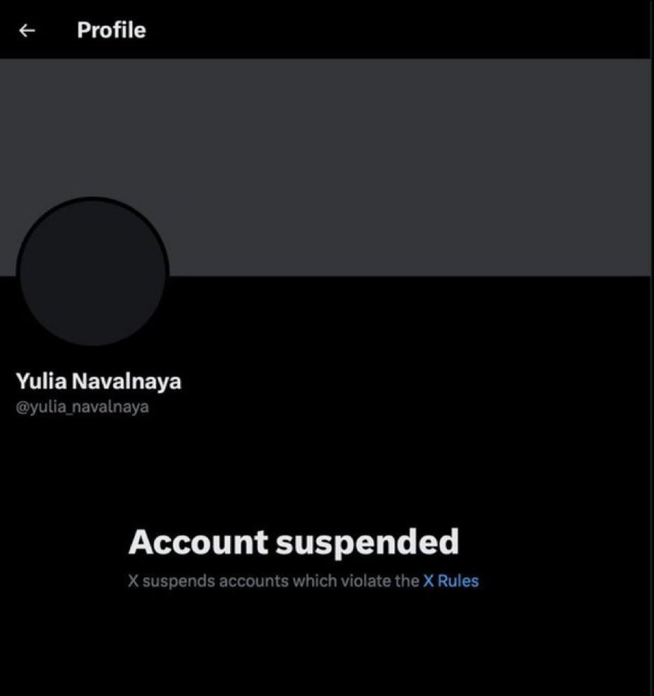 Twitter has suspended Yulia Navalny's account. She is Alexei Navalny's widow