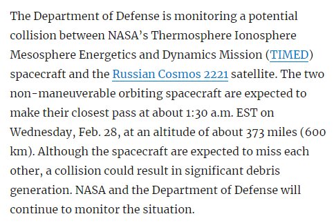 NASA zegt dat er een kleine kans bestaat dat een Amerikaans ruimtevaartuig om 01.30 uur ET in botsing kan komen met een Russische satelliet. Als er een botsing plaatsvindt, kan er aanzienlijk puin ontstaan op een hoogte van ongeveer 600 km