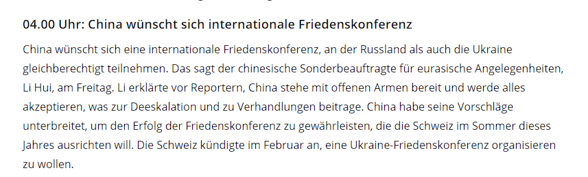 Posebni kineski predstavnik za euroazijska pitanja, Li Hui, izrazio je potporu Kine međunarodnoj mirovnoj konferenciji na kojoj bi ravnopravno sudjelovale Rusija i Ukrajina. Li je naglasio spremnost Kine da prihvati sve što pomaže deeskalaciji i pregovorima. Kina je podnijela prijedloge kako bi osigurala uspjeh mirovne konferencije koju je Švicarska planirala za ovo ljeto