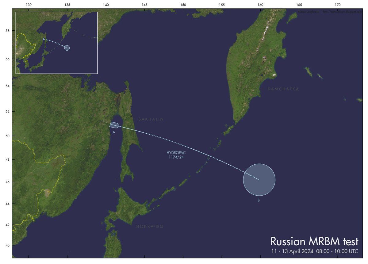 A Navigational Warning has appeared that suggests that  Russia will test-launch an MRBM over the Sea of Ochotsk between April 11-13. Range about 1500 km.@M51_4ever @nukestrat @wslafoy @planet4589 @ISNJH