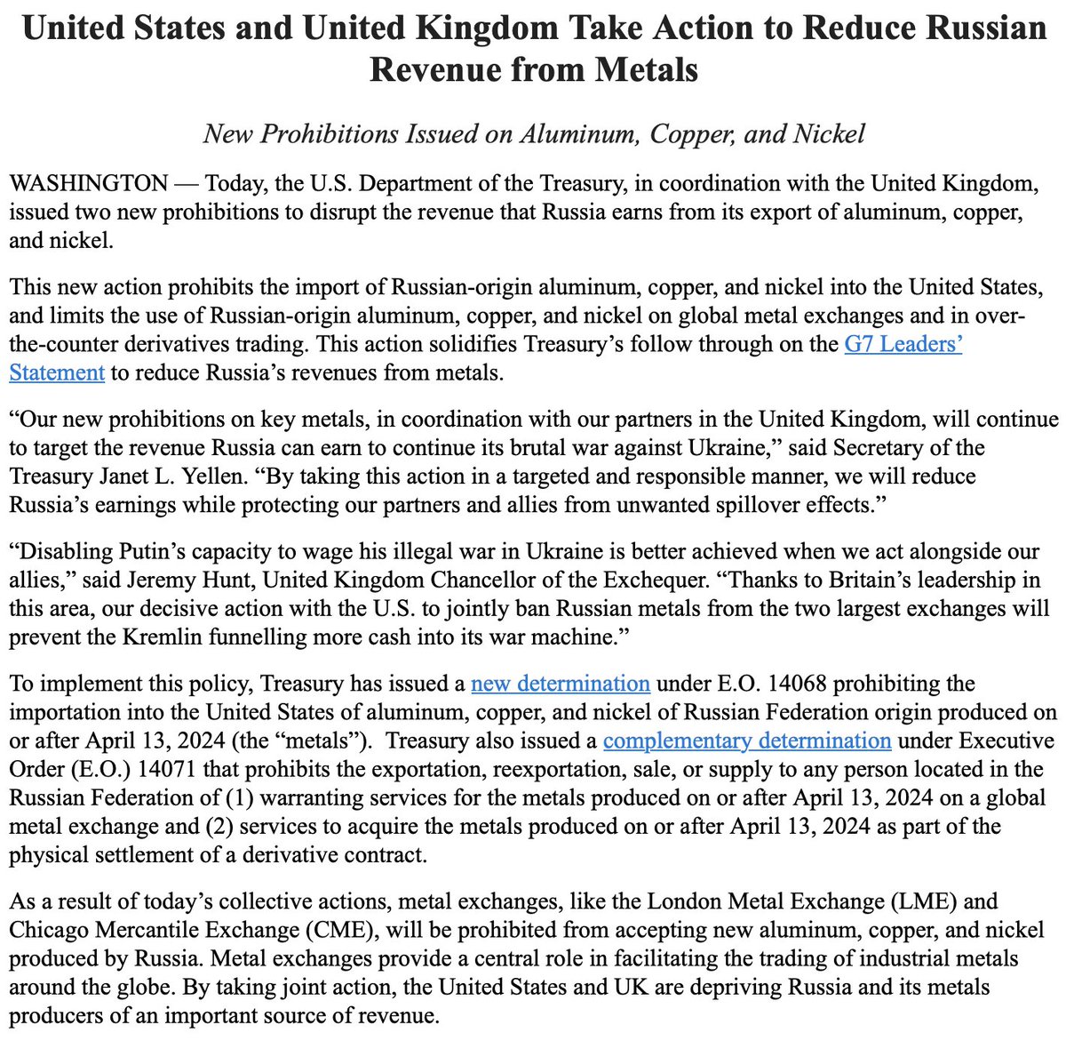ASV, Lielbritānija ierobežoja Krievijas metālu eksportu, - @USTreasury, Lielbritānijas amatpersonas izdod jaunus aizliegumus pret Krievijas izcelsmes alumīniju, varu un niķeli