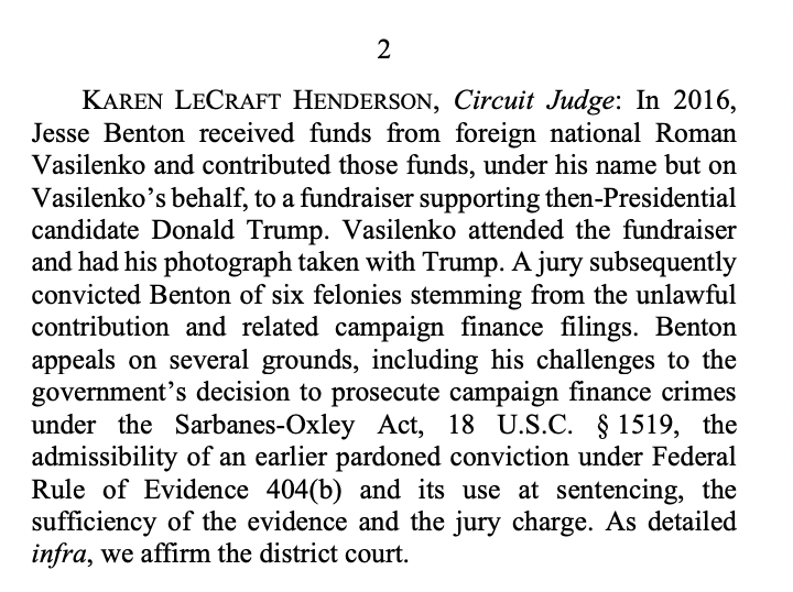 The DC Circuit has upheld the conviction of former Ron/Rand Paul aide Jesse BENTON for orchestrating an illegal payment from a Russian national to the Trump campaign and RNC