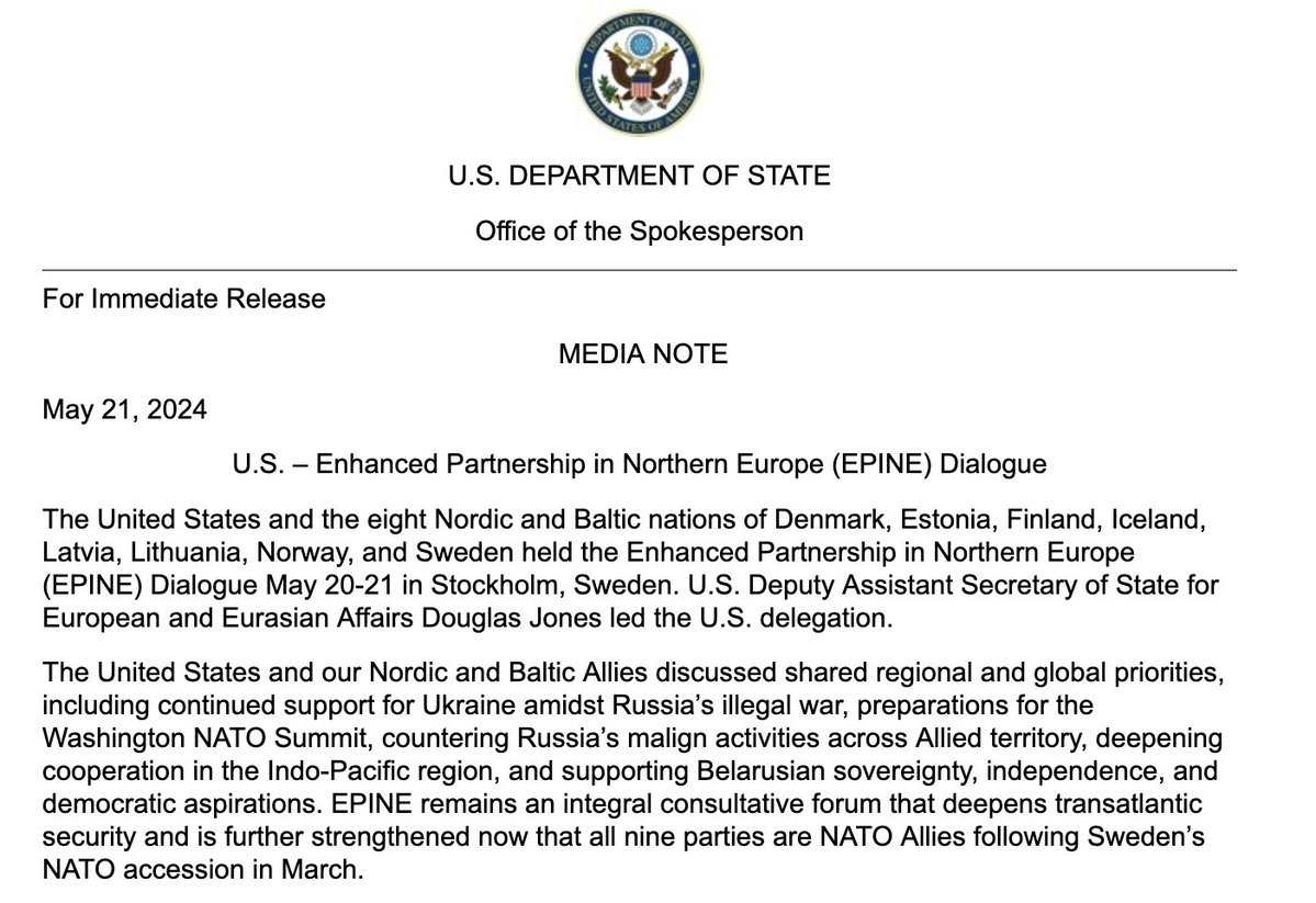 U.S. and 8 Nordic and Baltic Allies discussed shared priorities, including Ukraine, NATO Summit, countering russia’s malign activities, deepening coop in Indo-Pacific region, and supporting Belarusian sovereignty, independence, democratic aspirations, per DoS
