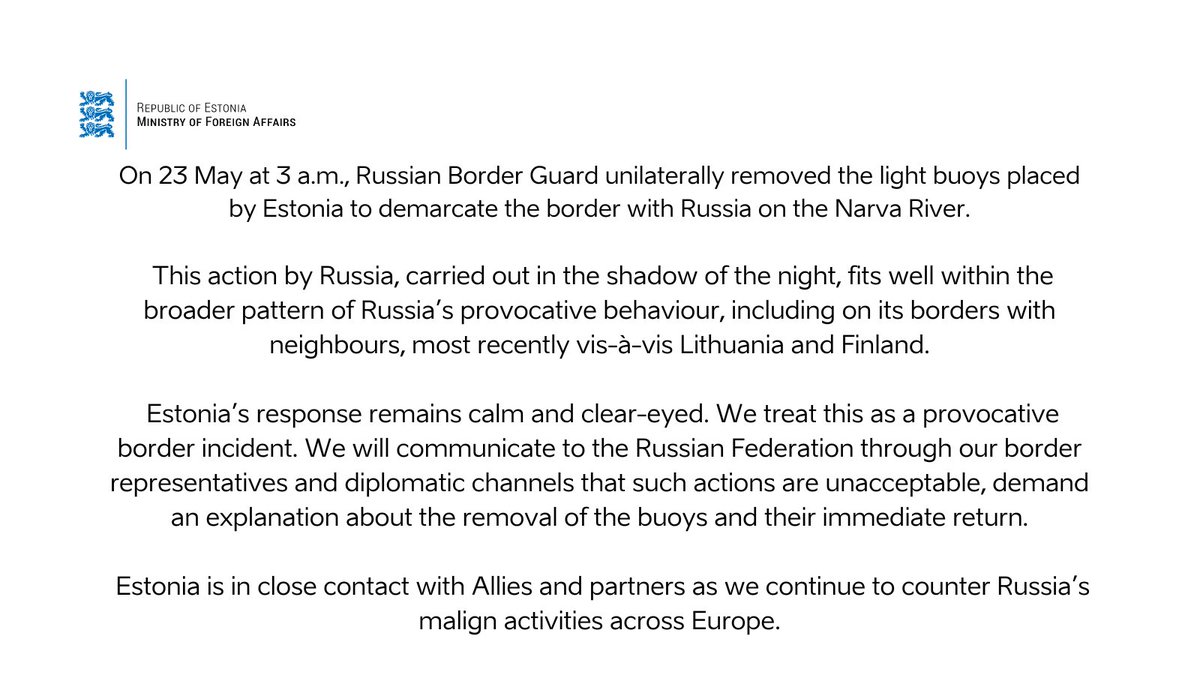 Dichiarazione del Ministero degli Affari Esteri estone sull'incidente di frontiera di stasera sul confine estone-russo sul fiume Narva