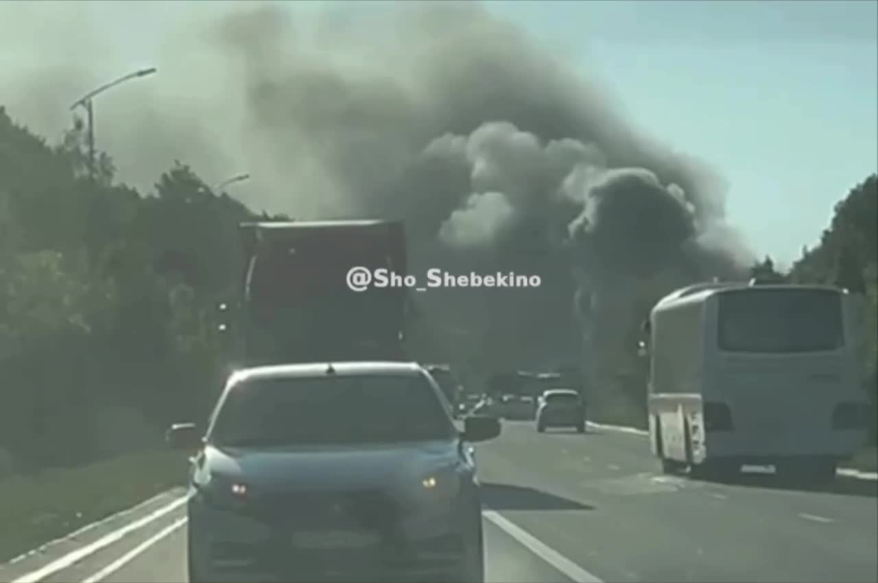 In the Belgorod region, military equipment is on fire on the bypass road in Koroche. It is reported that the convoy was attacked by a Ukrainian UAV; according to another version, a military tractor that was transporting a tank collided with another car on the road