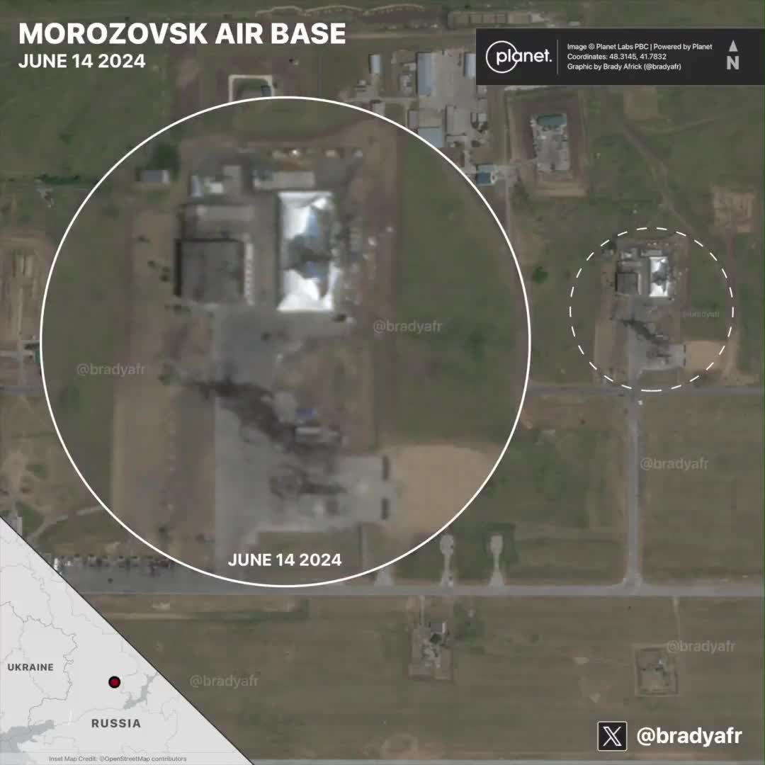 Na nowych zdjęciach satelitarnych widać następstwa niedawnego ataku Ukrainy na bazę lotniczą Morozowsk w Rosji. Ostatni raz Ukraina zaatakowała bazę na początku tego roku, w kwietniu