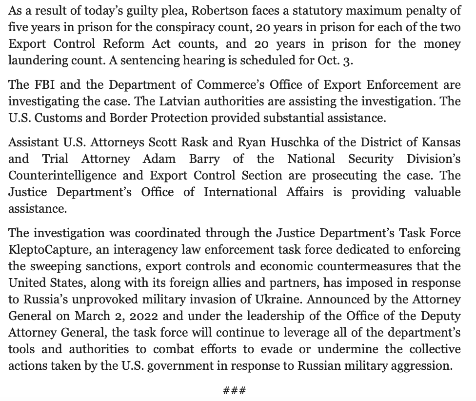 Former VP of a Kansas avionics company pleads guilty to years-long conspiracy to supply equipment to RussiannPer @TheJusticeDept, plot included helping get equipment for Russia's Federal Security Service (FSB)