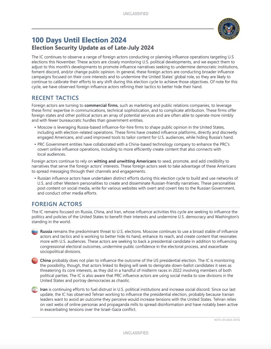 US intelligence assessment of efforts by Russia, China and Iran to influence US elections