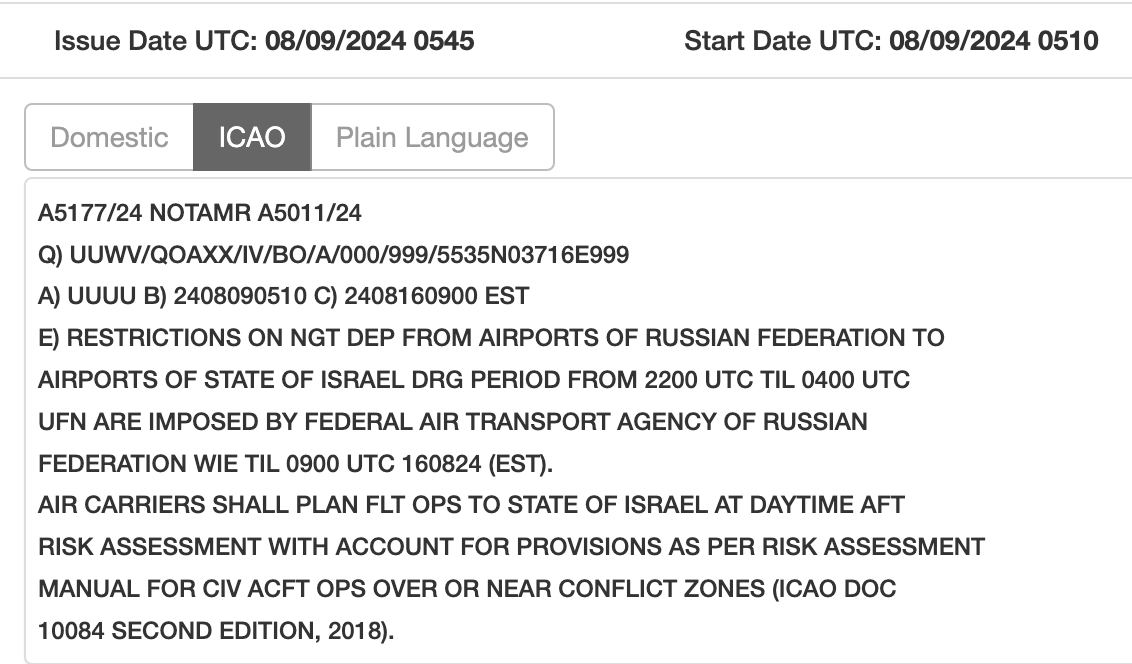 Rusia prohíbe a los portaaviones sobrevolar el espacio aéreo israelí entre las 22:00 UTC y las 04:00 UTC desde esta noche hasta el 16 de agosto