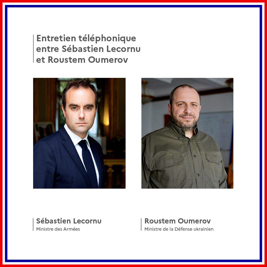 Prancūzijos ginkluotųjų pajėgų ministras Sébastienas Lecornu: Ukraina ir toliau ginasi nuo Rusijos agresijos. Diskusijos su kolega @rustem_umerov dėl padėties fronte raidos ir Prancūzijos paramos Ukrainai stebėjimo