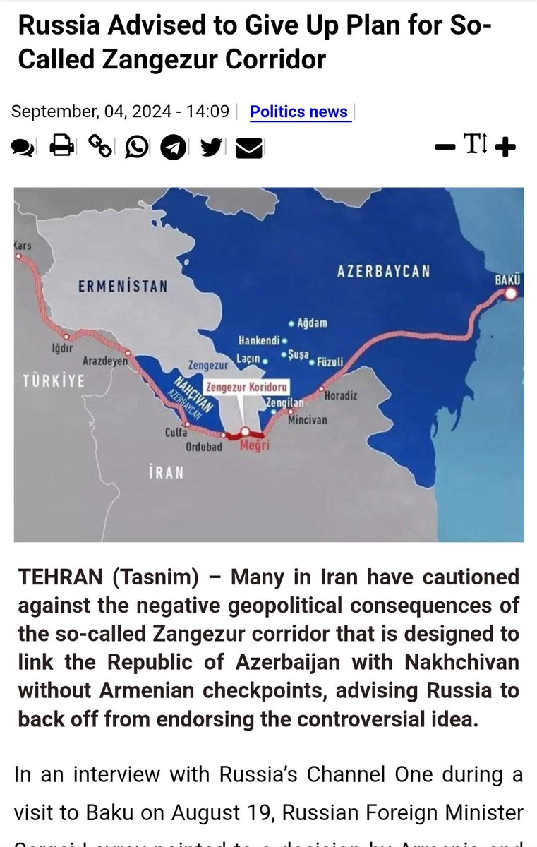 חצי רשמי @Tasnimnews_EN: לרוסיה הומלץ להימנע מנקיטת צעדים שעלולים לפגוע ביחסים האסטרטגיים של רוסיה ואיראן, מכיוון שהרעיון של מסדרון זנגזור יצור נקודת הבזק חדשה ליד הגבולות העדינים מאוד של איראן הצפון-מערבית.