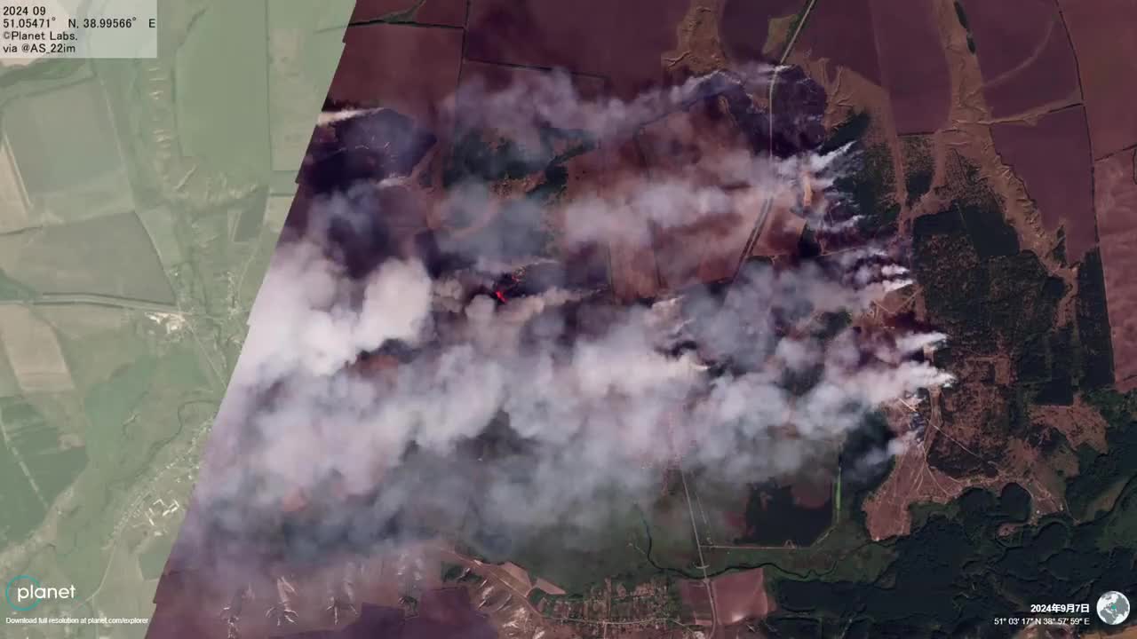 Imagens de satélite dos incêndios no depósito de munições em Soldatskoye, na região de Voronezh