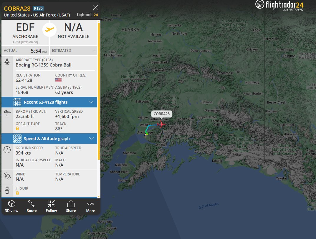 Cobra Ball 62-4128 as Cobra-28 is outbound from Elmendorf and returning to Offutt after its deployment to monitor the test of the Russian RS-28 Sarmat Heavy ICBM. (61-2662 should depart soon as well).  The results of that test are as yet unknown, but Firms data seems to show two separate events at the launch site in Plesetsk, which seems strange to say the least.  Neither Cobra Ball was noted flying during the Firms data indicated heat events.  @M51_4ever