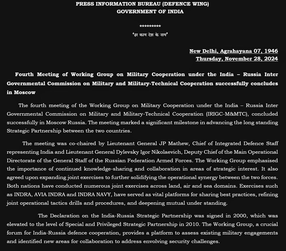 India, Russia agree to expand joint exercises at fourth meeting of the Working Group on Military Cooperation under the India – Russia Inter Governmental Commission on Military and Military-Technical Cooperation (IRIGC-M&MTC)