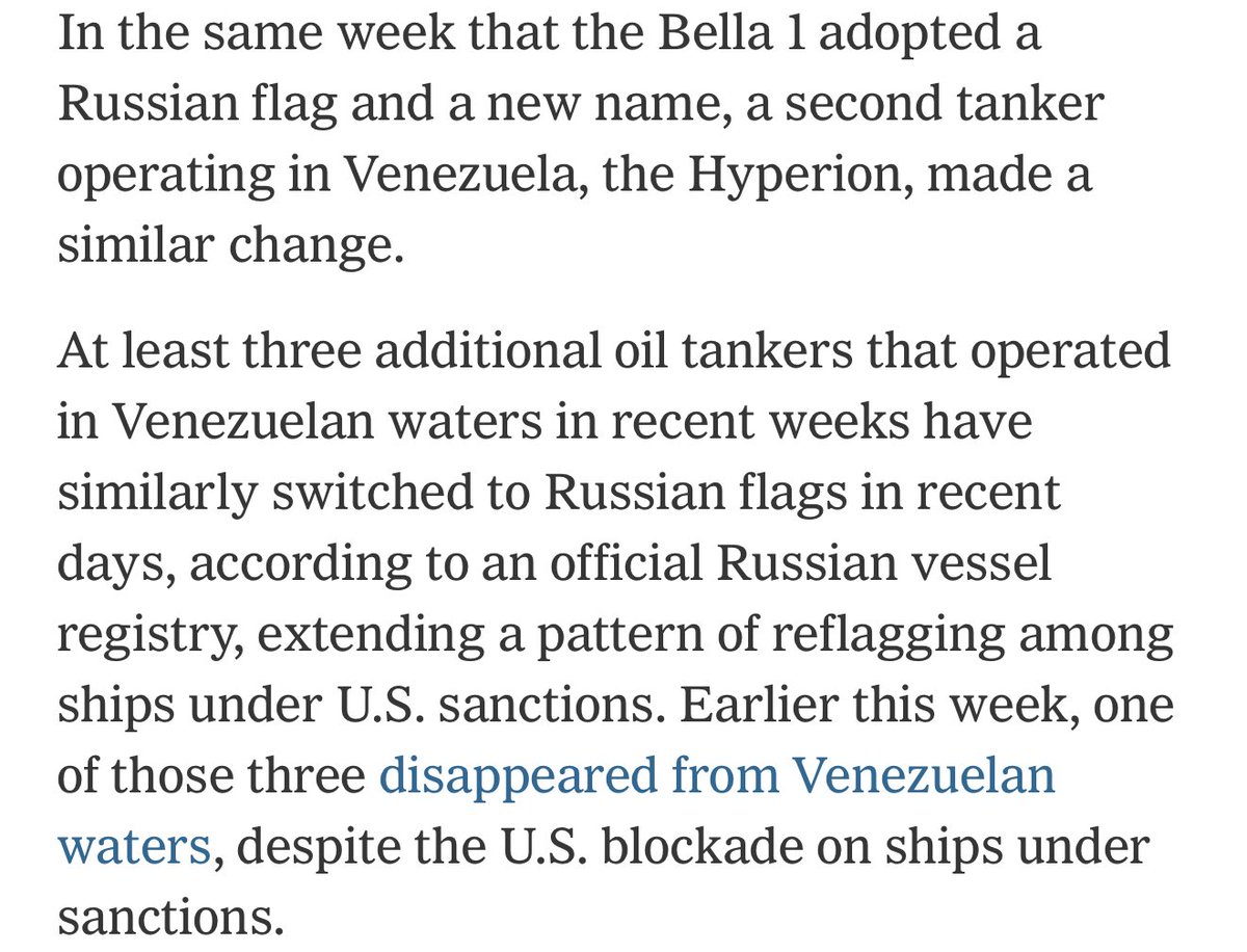 At least 5 sanctioned tankers involved in Venezuelan oil exports are now declaring themselves Russian, per the NYT. The Russian Navy is reportedly sending ships to escort one, currently being pursued by U.S. forces in the North Atlantic