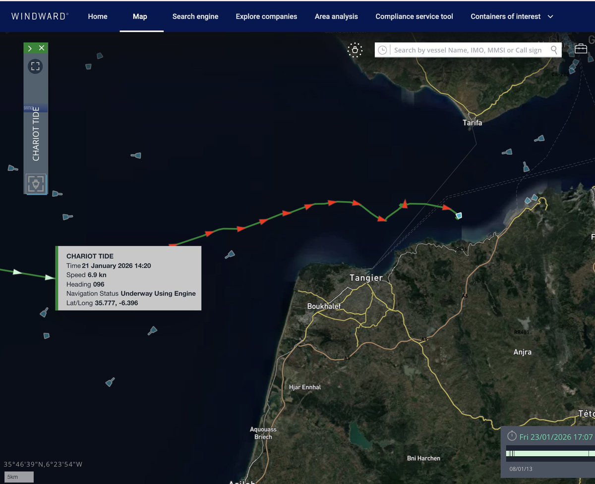 Falsely flagged Chariot Tide (ex Marabella Sun with IMO 9323376) is signalling not under command and drifting off Morocco.  Perhaps having difficulties getting into port when it's stateless It's a day after EU and UK action against Grinch