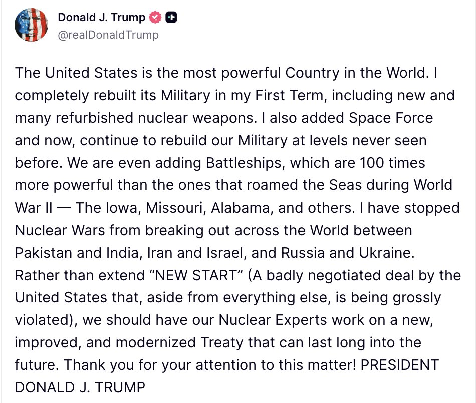 Trump: Rather than extend “START” (A badly negotiated deal by the United States that, aside from everything else, is being grossly violated), we should have our Nuclear Experts work on a new, improved, and modernized Treaty that can last long into the future
