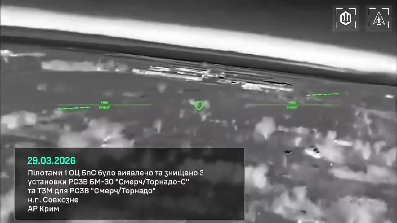 3月29日晚，美国陆军第一司令部（@1usc_army）对克里米亚一处俄罗斯多管火箭炮基地发动一系列空袭，摧毁了三套BM-30龙卷风/旋风-S火箭炮系统和一辆运输装载车。另一起袭击中，卢甘斯克地区的诺沃斯维特利夫卡附近，油罐车被烧毁。
