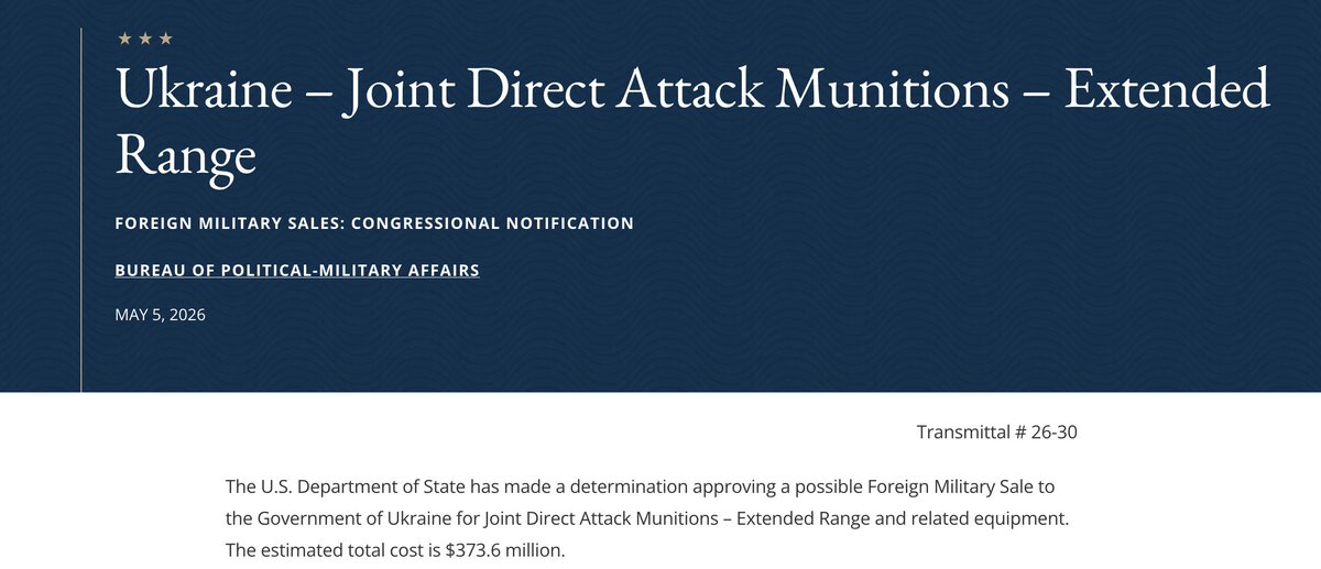 U.S. approves $373m sale of extended-range precision bombs to Ukraine. State Department clears 1,500 JDAM kits to bolster Kyiv's long-range strike capabilities against Russian forces