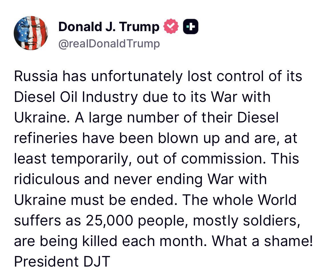 Президент США Дональд Трамп сегодня утром опубликовал в своем приложении Truth Social сообщение, в котором подчеркнул потери российской энергетической инфраструктуры во время войны с Украиной, добавив, что Эта нелепая и бесконечная война с Украиной должна быть прекращена.